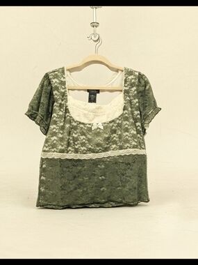 Thorn And Fable Olive Lace Overlay Women's Blouse with Ivory Trim